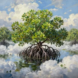 Mangrove swamp made of clouds with lots of very very cloud shaped leaves, A beautiful, highly detailed, masterpiece, oil painting by Greg Rutkowski.