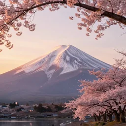 a cinematic shot of mount fuji and cherry blossom trees and it's leaves falling on a breezy sunset, 4 k, unreal engine 6,
