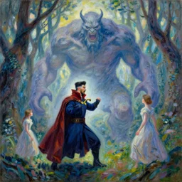 dr. strange fights big monsters in the forest, monet style, ethereal horror fantasy art by greg rutkowski and magali villeneuve and claude monet