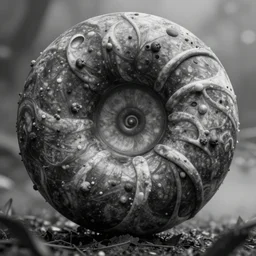nautilus with extra teeth, prometheus movie monster, highly detailed background, black and white, haze,
