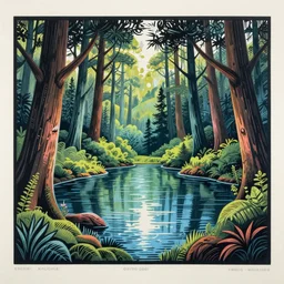 linocut print of fantasy forest, amazing art, highly detailed, lake, color, masterpiece, by victo ngai, craig mullins