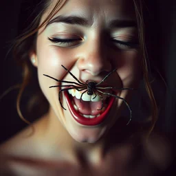 a ultra high resolution close - up of a beautiful and seductive young woman standing in front of the camera looking down at the camera. her face is partially covered by spiders that exit from her mouth while she laughs loudly. the light is dim, and thev colours are muted. kodak etkar 1 0 0.