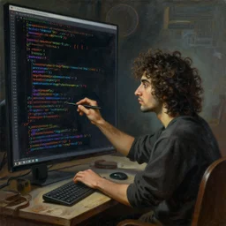the most epic painting of all time, a curly - haired persian guy creating the most epic symphony of code, language, math, minds, brains, trending on artstation