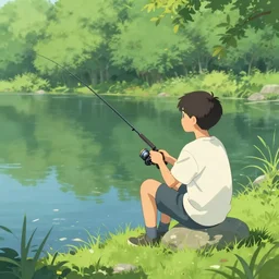 a boy fishing near a pond by tomokazu matsuyama, trending on artstation