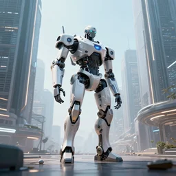 Amazing photorealistic digital concept art of a guardian robot in a futurstic city, by James Clyne and Joseph Cross. Cinematic. LED lighting. Wide angle. Clean lines. Balanced composition.