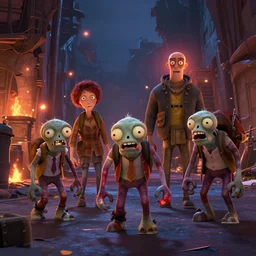 a battle in the ruined streets at night between 3 d pixar disney zombies and 3 d heroic survivor in the style of pixar walkind dead, being lit by fireflames, medium shot, studio ghibli, pixar and disney animation, sharp, rendered in unreal engine 5, anime key art by greg rutkowski, bloom, dramatic lighting