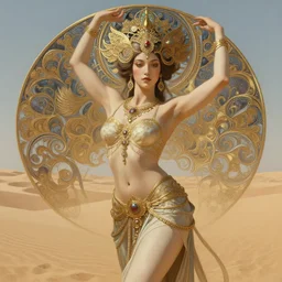 seductive goddess dancing in the desert, symmetrical face, fantasy, intricate and very beautiful and elegant, highly detailed, digital painting, artstation, concept art, smooth and sharp focus, illustration, art by tan zi and ayanamikodon and alphonse mucha and wlop