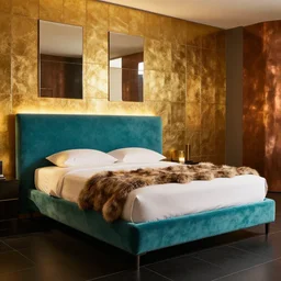 a large bed made by Turri with an aqua headboard. Behind the bed is a wall covered with gold tile and copper mirror. The floor is black tiles. A fur throw is on the bed. Warm lighting.