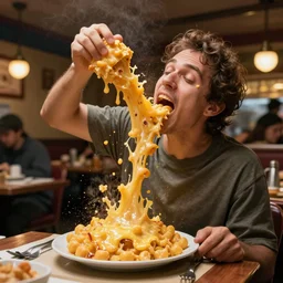 a man standing in a busy restaurant while mac n' cheese projectile vomits from his open mouth. The cheese is everywhere. Photograph.