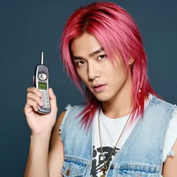 photo of jeffree star in the 2 0 0 0 s with pink red hair holding flopphone