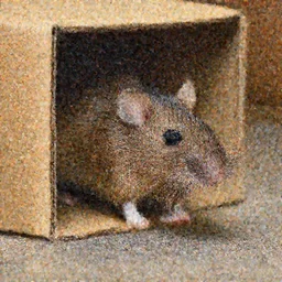 photorealistic brown rat crawling out of a cardboard box in a basement, hyper realistic, mega detailed, photo realistic,