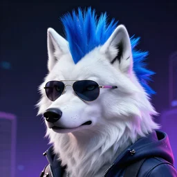 White Wolf, blue mohawk hairstyle wearing aviator sunglasses, synthwave style, artstation, award winning