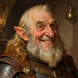 head and shoulders portrait of a dwarf adventurer, jovial, scarred lip, grandfatherly, leather armor, male, tavern background, high fantasy, d & d, by alphonse mucha, face details, extremely detailed, digital illustration