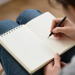 a sketch of a person coloring in a sketchbook. they are sitting in the woods. it is an soft color ink and wash illustration.