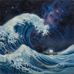 painting wave tsunami small boat background cosmic night sky in the style of Ansel Adams