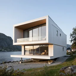 modern norwegian fjord beach house designed by frank gehry, contemporary architecture, photography