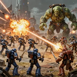 Astartes are fighting against space orcs, huge armies, epic battle, a bunch of explosions, bullet tracers, Astartes are very well detailed, orcs are very well detailed, Photo style retro futurism art