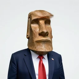 photograph of donald trump with a moai for a head