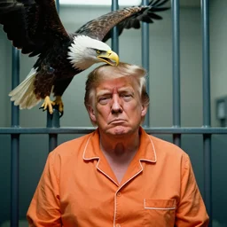Medium Shot Donald Trumps wearing orange pajamas in jail, american eagle biting his head, octane, dramatic lighting, editorial photo, 35mm, very detailed