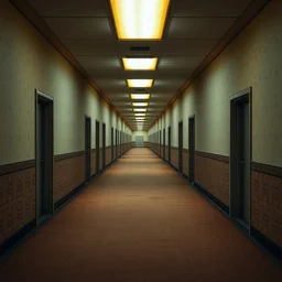 a seemingly endless series of hallways with no natural lighting, led yellow - tinted ceiling lighting, simple wallpaper, and a dirty carpet that extends throughout the entire system of hallways