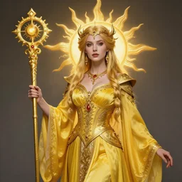 beautiful elemental sun witch with ornate yellow robes and staff, highly detailed, 4 k, hdr, smooth, sharp focus, high resolution, award - winning photo, artgerm, photorealistic