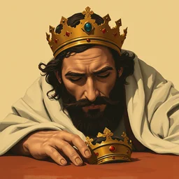 a king face down on the ground, his crown fallen on the ground beside him, limited earth tone neutral palette, by petros afshar, anton fadeev, will barnet, beautiful graphic full body portrait, propaganda poster art 1 9 7 0 s illustrated advertising art, painterly character design