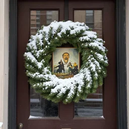 new york apartment building in winter, close up of wreath on door, snow, artwork by gaston bussiere, craig mullins, trending on artstation