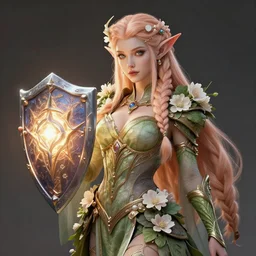 award winning digital portrait of a beautiful female firbolg fully covered in fantasy nature clothing, pretty beautiful female firbolg d & d official art, firbolg professional character art, holding magical shield glowing, braided hairstyle, long light peach color hair, bloom, intricate, elegant, sharp focus, digital illustration, highly detailed, octane render, digital painting, concept art, art by ruan jia and greg rutkowski and sachin teng and d & d professional artist, masterpiece