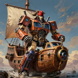 A bearded pirate driving a giant wooden bipedal autobot transformer made out of pirate ship, mech suit, canons on arms, wooden mast for legs, sails, digital art