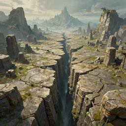 The Sci-Fi stone landscape with mountains in the background, magical fissures split the land in half, wallpaper d&d art, fantasy, painted, 4k, high detail, sharp focus