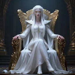 tall elven queen sitting on the throne, full body, long white hair, pale skin, golden coloured eyes, stunning 3 d render inspired art by greg rutkowski and xiang duan and thomas eakes, realistic, highly detailed attributes and atmosphere, dim volumetric cinematic lighting, 8 k octane detailed render, post - processing, masterpiece,