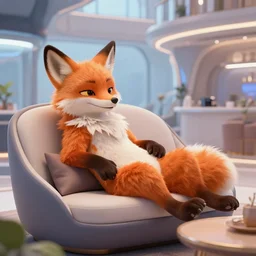anthropomorphic furry anthro fox lounging in a futuristic hotel