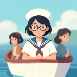 petite woman on a boat, sailor, glasses, clean cel shaded vector art. shutterstock. behance hd by lois van baarle, artgerm, helen huang, by makoto shinkai and ilya kuvshinov, rossdraws, illustration