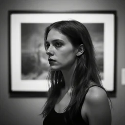 she is 2 1, skinny and beautiful, she listens to oathbreaker, award winning photography displayed at foam, black and white, the background is unsafe, insanely detailed, close up, foggy like in norwegian black metal aesthetic