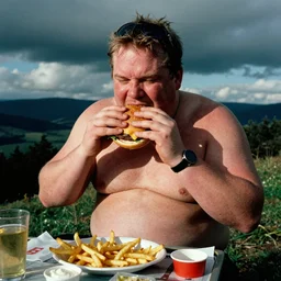morbidly obese ironman, eating cheeseburgers and fries, still image from film, film grain