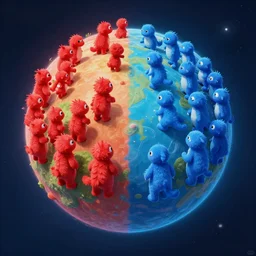 “ 2 teams of creatures on a small planet, one team is red and the other is blue, planet divided into 2 sides. side view. in the style of kurzgesagt, award winning, trending on artstation ”