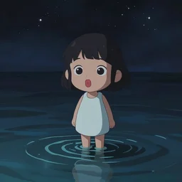 cute girl with puckered lips standing on top of water looking down with curiosity into the dark abys with the stars above reflecting onto the water, trending on artstation, trending on deviantart, cinematic lighting, high detail, greg rutkowski, 8 k upscaling, by charles vess, anoto finnstark