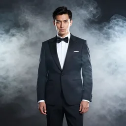 Man wearing classy tuxedo inside cloud of smoke, Canon EOS R3, f/1.4, ISO 200, 1/160s, 8K, RAW, unedited