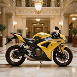 a motorcycle parked in an ornate bank lobby with buzz written on its body