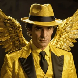 Yellow smug man with a fedora and wings, mafia