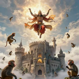 demi god descending from heavens in castle full of monkeys