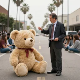 teddy bear as university professor explaining a gaussian curve to students on empty street of los angeles 1 8 9 0