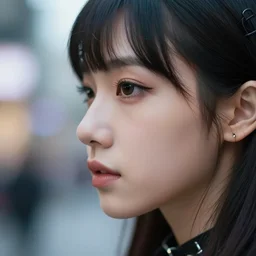 closeup profile face portrait of a high quality presentation photo of a beautiful dollpunk woman, photography 4 k, f 1. 8 anamorphic, bokeh, 4 k, canon, nikon
