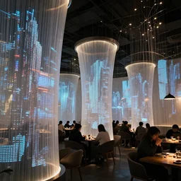 drapes with curved translucent screens projecting detailed sci - fi art, pixel perfect photograph, high contrast, volumetric lighting, thin glowing lights, restaurant, chairs, users, pair of keys