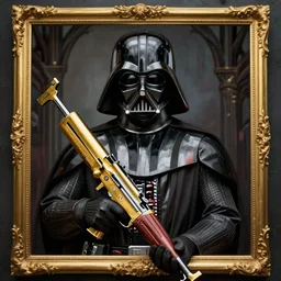 gold bordered portrait of darth vader holding a golden ak - 4 7, hyper realistic, surreal, gothic, cyberpunk, nightcore, 4 k, highly detailed, beautifully rendered