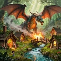 a majestic dragon attacking and burning medieval hobbit homes, ornate, beautiful, atmosphere, vibe, mist, smoke, chimney, rain, well, wet, pristine, puddles, waterfall, clear stream, bridge, orange, green, stained glass, forest, flowers, concept art illustration, color page, 4 k, tone mapping, doll, akihiko yoshida, james jean, andrei riabovitchev, marc simonetti, yoshitaka amano, digital illustration, greg rutowski, volumetric lighting, sunbeams, particles, rembrandt