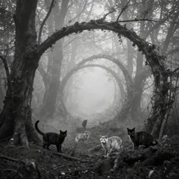a black and white photograph of mysterious cats in a spiraling forest, in fog