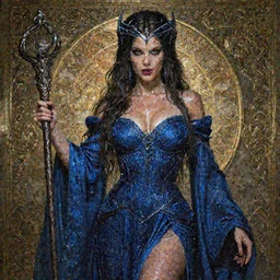 Halle Berry as a sorceress , passionate , seductive, sweaty,  intricate dressed in ornate blue robes and staff, insane, intricate,  highly detailed, digital painting, artstation, concept art, smooth, sharp focus, illustration, Unreal Engine 5, 8K, art by artgerm and  greg rutkowski and alphonse mucha