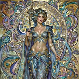 Halle Berry as a sorceress , passionate , seductive, sweaty,  intricate dressed in ornate blue robes and staff, insane, intricate,  highly detailed, digital painting, artstation, concept art, smooth, sharp focus, illustration, Unreal Engine 5, 8K, art by artgerm and  greg rutkowski and alphonse mucha