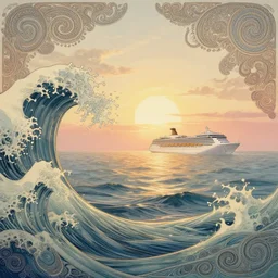 [ palate ] [ muted colors ] psychedelic ocean waves, cruise ship 🛳 on the ocean, paisley swirls and ripples, backlit, nebulous sunset, refracted lighting, outdoors, paisley clouds in the sky, elegant, 8 k resolution, intricate and fine details, digital painting, artstation, illustration, greg rutkowski, alphonse mucha